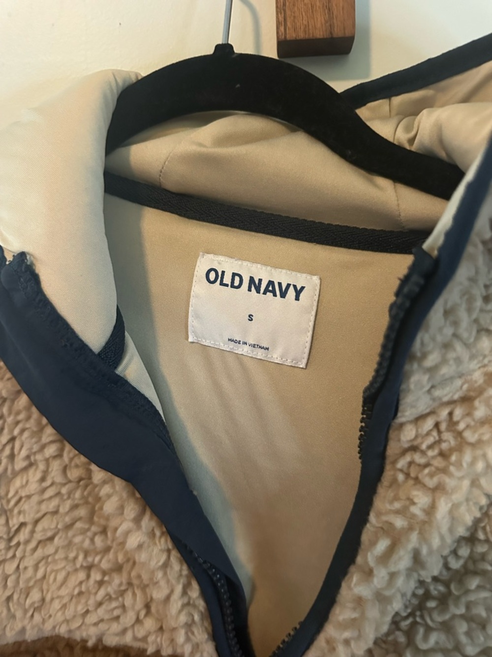 Old Navy Two-Tone Sherpa Zip Jacket in Beige and Navy Trim